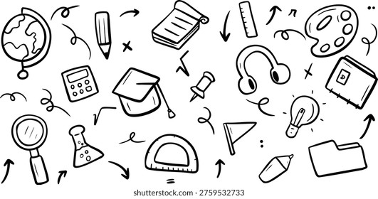 Hand-drawn education doodle set with school supplies and learning icons including globe, calculator, books, graduation cap, and lab tools. Perfect for academic, study, and classroom designs