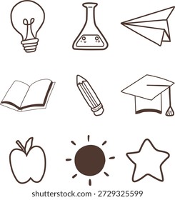 Hand-drawn education and school icons vector set featuring a lightbulb, science flask, paper plane, book, pencil, graduation cap, apple, sun, and star. Simple black and white line art vector doodles for academic and creative concepts.