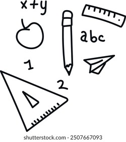 Hand-drawn educational doodles featuring a pencil, ruler, set square, paper plane, apple with x+y, and abc text.