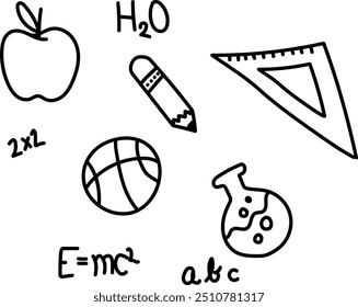 Hand-drawn educational icons including apple, water molecule, pencil, ruler, basketball, E=mc² equation, and beaker.