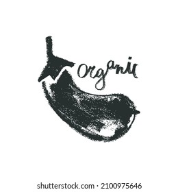 Hand-drawn eggplant drawing for label design. Aubergine illustration. Violet aubergine icon. Vegan restaurant logo, vegetarian symbol. Organic food sign. Cartoon vegetable. Purple eggplant isolated.