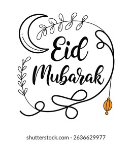 Hand-drawn Eid Mubarak greeting featuring crescent moon, hanging lantern, and floral vine design. Perfect for Islamic holiday cards, social media, and festive celebration templates.