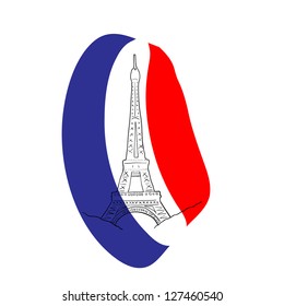 Hand-drawn Eiffel tower silhouette on french flag icon  isolated on white.