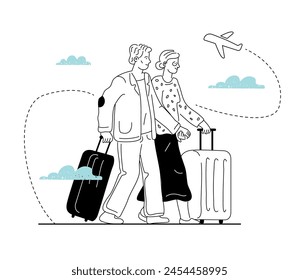 A hand-drawn elderly couple holding hands at the airport. A family of pensioners with luggage waiting for departure.