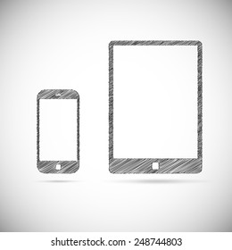 Hand-drawn electronic devices. Ssmart phone and tablet doodle drawing on white