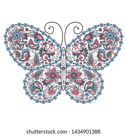 Hand-drawn elegant butterfly with paisley elements isolated on white. Soft simple blue and pink color, contour.