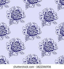 Hand-drawn elegant floral vector seamless pattern. Peony flower contour on a blue background. For fabric prints, textile products, home decor, bedding.