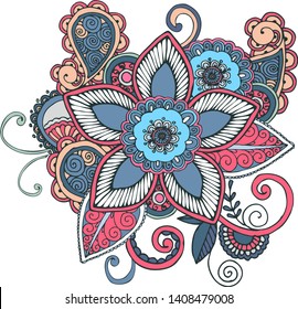 Hand-drawn elegant  flower with paisley elements isolated on white. Soft simple rose and blue color, contour.
