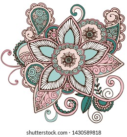 Hand-drawn elegant flower with paisley elements isolated on white. Soft simple blue and pink color, contour.