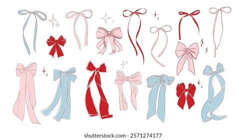 Hand-drawn elegant ribbon bows set in pastel pink, red, and blue tones with intricate lace details, flowing tails, and decorative sparkles. Perfect for festive and creative designs.
