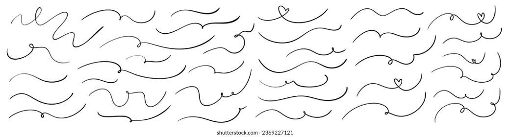 Handdrawn elegant swirls, swashes and divider lines in crayon pencil. Freehand flourishes for wedding invitation font. Paint brush wave doodle, vector Illustration