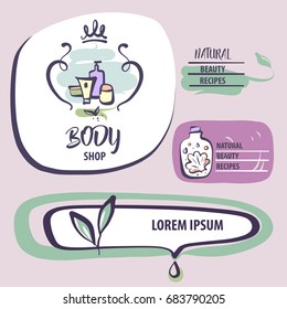 Hand-drawn element design corporate identity, poster, banner, logo for eco cosmetic body shop, store.  Sketch image bottle with cosmetic accessories. Template logo for beauty salon, boutique, market. 