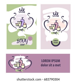 Hand-drawn element design corporate identity, poster, banner, logo for eco cosmetic body shop, store.  Sketch image bottle with cosmetic accessories. Template logo for beauty salon, boutique, market. 
