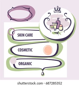 Hand-drawn element design corporate identity, poster, banner, logo for eco cosmetic shop, store.  Sketch image bottle with cosmetic accessories. Skin organic care.