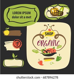 Hand-drawn element design logo, banner, poster for vegan cafe, eco organic cafe. Sketch image of vegetarian vegetable dish. Tomato, salad and pepper.