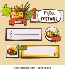 Hand-drawn element design poster, banner, logo for eco farm harvest festival. Template vector image logo with car and vegetable basket. Sketch pumpkin and salad.
