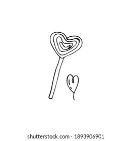 Hand-drawn element for valentine's day. Doodles for web, postcard design, congratulations. Heart shaped lollipop