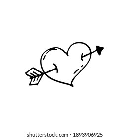 Hand-drawn element for valentine's day. Doodles for web, postcard design, congratulations. Heart pierced by an arrow