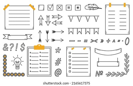 Hand-drawn elements of the bullet journal. Planning, reminders, organizer. Doodle style. Sketch. Vector illustration