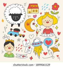 Handdrawn elements of Celebration, character and more on a light white background. Vector illustration.