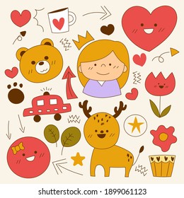 Handdrawn elements of character, birth day and more on a light white background. Vector illustration.