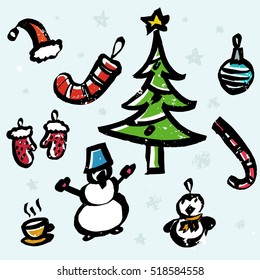 Hand-drawn elements for Christmas or New Year cards with unique ink texture. Vector Christmas theme.