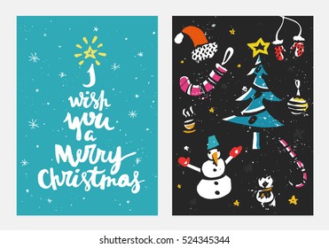Hand-drawn elements for Christmas or New Year cards with unique ink texture. Vector Christmas theme.