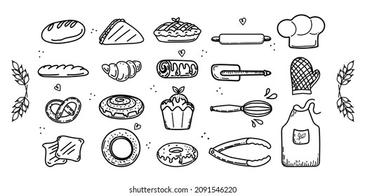 Hand-drawn elements. Cook's cap, apron and mittens. Dough tools: rolling pin, spatula, whisk and tongs. Doodle sketch style vector.