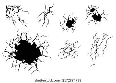 Hand-drawn elements of cracks, holes with cracked patterns. A set of different natural cracked textures. A sketch of a doodle. Vector illustration