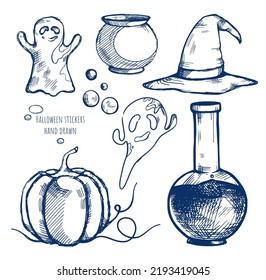 Hand-drawn elements for Halloween celebration. Vector set. Ghost silhouettes. Witch's hat and cauldron. Cute shaded pumpkin. Vintage ink illustrations for holiday advertising layout design, banner.