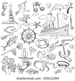 hand-drawn elements of marine theme with a lighthouse, ships, sailboats, anchor, oars, wheel and bottle with a message