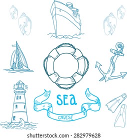 hand-drawn elements of maritime stile. vektor illustrations on a white background.