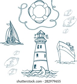 hand-drawn elements of maritime stile. Vektor illustrations on a white background.