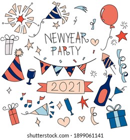 Handdrawn elements of new year celebration isolated over white. Vector illustration.