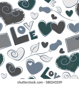 Hand-drawn elements on a white background. Vector heart and love stylized background. Seamless pattern in gray and blue colors of many hearts, love text, rose flower and letter.