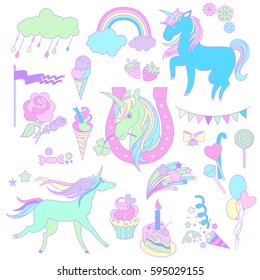 Hand-drawn elements rainbow, unicorn, cloud, cake, sweets, flower, strawberry, ice-cream, flag for patches, stickers, design cards and leaflets. Cartoon elements characters.