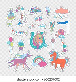 Hand-drawn elements rainbow, unicorn, cloud, cake, sweets, flower, strawberry, ice-cream, flag for patches, stickers, design cards and leaflets. Cartoon elements characters.