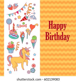 Hand-drawn elements rainbow, unicorn, cloud, cake, sweets, flower, strawberry, ice-cream, flag for patches, stickers, design cards and leaflets. Cartoon elements characters.