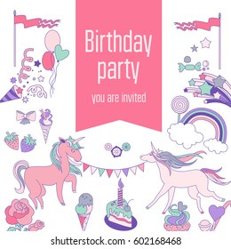 Hand-drawn elements rainbow, unicorn, cloud, cake, sweets, flower, strawberry, ice-cream, flag for patches, stickers, design cards and leaflets. Cartoon elements characters.
