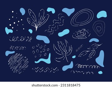 Handdrawn elements set for design in the beauty. A collection of abstract shapes, individual ink dots, circles, plants, stripes on a dark background. 