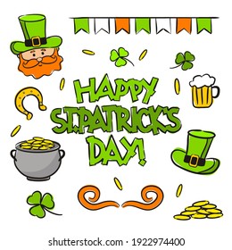 Hand-drawn elements for St. Patrick's Day. Leprechaun, hat, pot of gold, horseshoe, clover, treasures, red mustache, beer, flags in Irish colors. Vector illustration for cards, posters and banners.