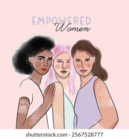 Hand-drawn elements and textures featuring strong, empowered women of different ethnicities. Feminist poster, print design, or greeting card showcasing a symbol of freedom.