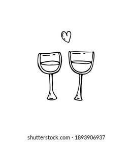 Hand-drawn elements for valentine's day. Doodles for web, postcard design, congratulations. champagne glasses