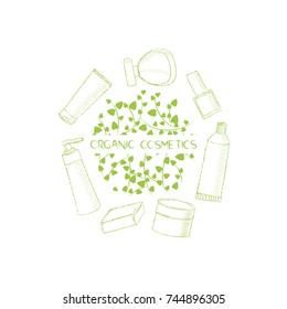 hand-drawn emblem with bottles and herbs for a natural cosmetics store