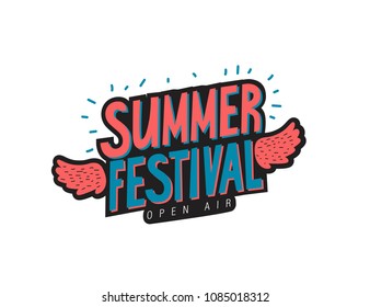 Hand-drawn emblem Summer Festival Open Air with decorative wings. For invitation, card, poster or banner. Summer quotes. Vector illustration.