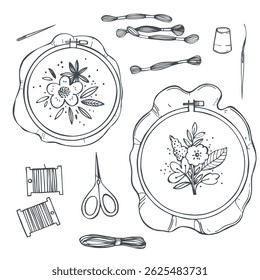 Conjunto de bordados desenhado à mão. Arcos, fio dental e agulhas, fios, tesouras. Ilustração de esboço vetorial