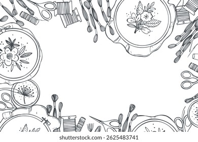 Conjunto de bordados desenhado à mão. Arcos, fio dental e agulhas, fios, tesouras. Fundo do vetor. Ilustração do esboço