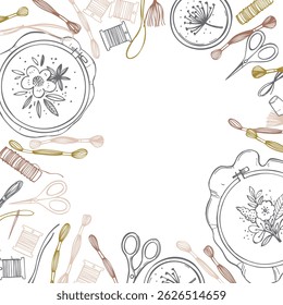 Conjunto de bordados desenhado à mão. Arcos, fio dental e agulhas, fios, tesouras. Fundo do vetor. Ilustração do esboço