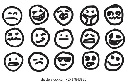 Conjunto de caras de emoji dibujadas a mano | Black Marker Doodle Emoticons