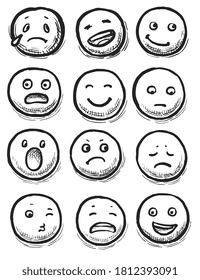 Hand-drawn emoticon. Modern outline style emoji face showing different expression and feeling vector doodle icon set on white. Simple hand-drawn comic emoticon pictogram illustration. Mood sketching